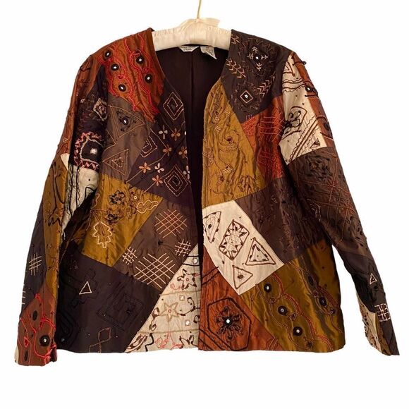 Vintage Laura Ashley Patchwork Embroidered Jacket w/ Beads Orange Tan Brown - Picture 1 of 6